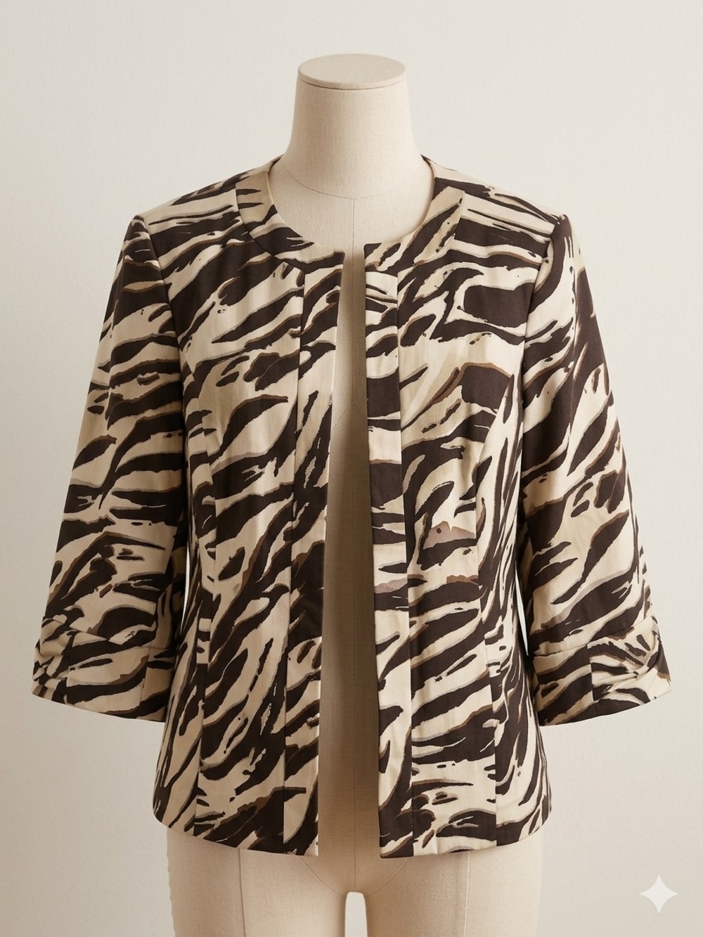dressbarn Cream and Brown Animal-Print Open-Front Blazer ( 18-20 ) Pre-owned